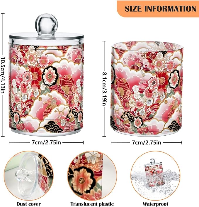 2 Pack Qtip Holder Organizer Dispenser Japanese Flowers Pattern Bathroom Storage Canister Cotton Ball Holder Container for Cotton Pads/Swabs/Floss