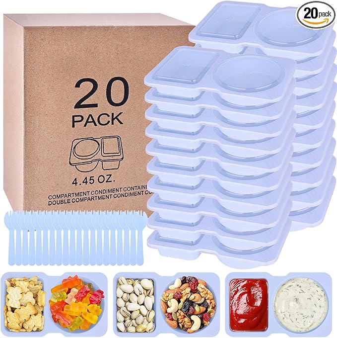 20 Pack Reusable Snack Containers with Lids - Double Compartment Condiment Snack Pack Containers with 20 Forks, Microwave Safe Portion Control Containers for Meal Prep, Take-out, Party & Travel(Blue)