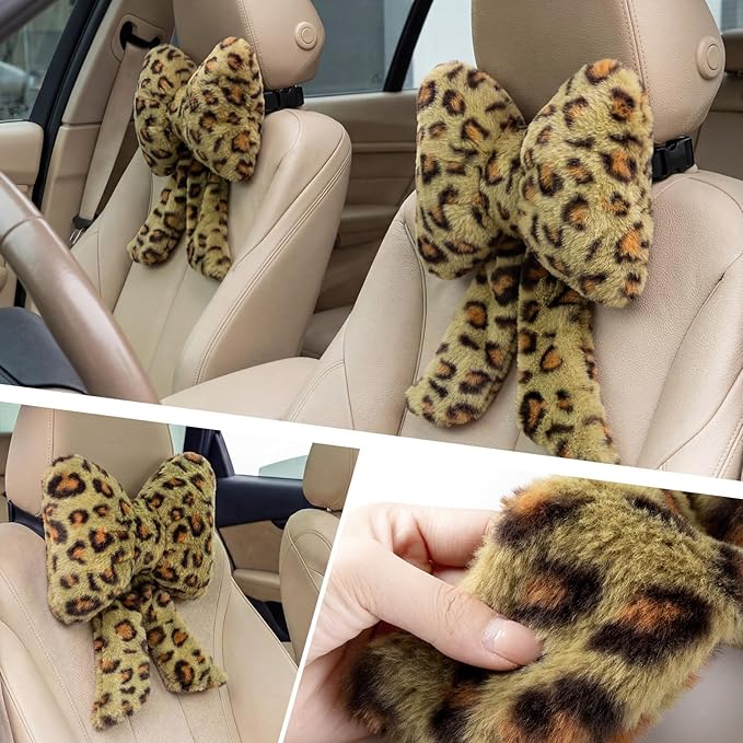 Macarrie 2 Pcs Car Neck Pillow Plush Butterfly Bow Car Headrest Pillow Comfortable Seat Neck Support Cute Head Rest Accessories for Driving Travel Driver Chair Girl Interior Decor(Green,Leopard)