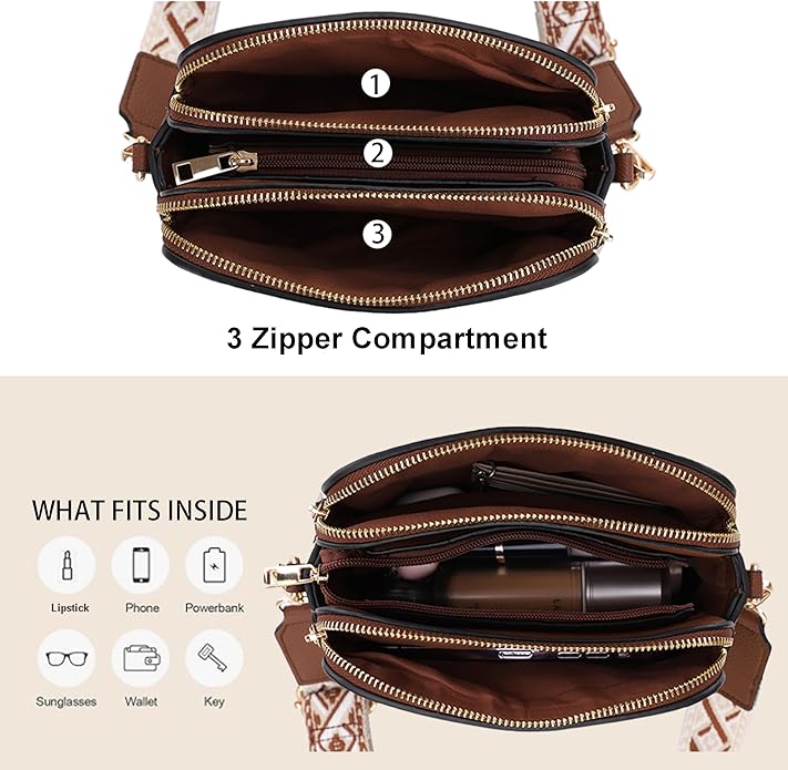 EVVE Crossbody Bags for Women Trendy Triple Zip Small Crossbody Camera Bag Purse with Wide Guitar Strap