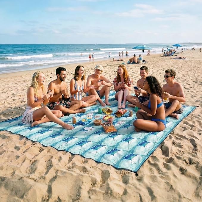 OIGAE Oversized Beach Blanket, 9×10 ft Sand-Free Outdoor Mat for Groups, Quick-Dry Picnic Blanket with Stakes & Corner Pockets, Manta Ray