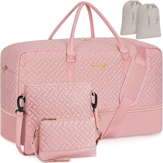 Weekender Bag for Women, 5 Pcs Set Carry on Overnight Bag, 21" Travel Duffel Bag with Waterproof Shoe Compartment for Weekend Travel Business Trip
