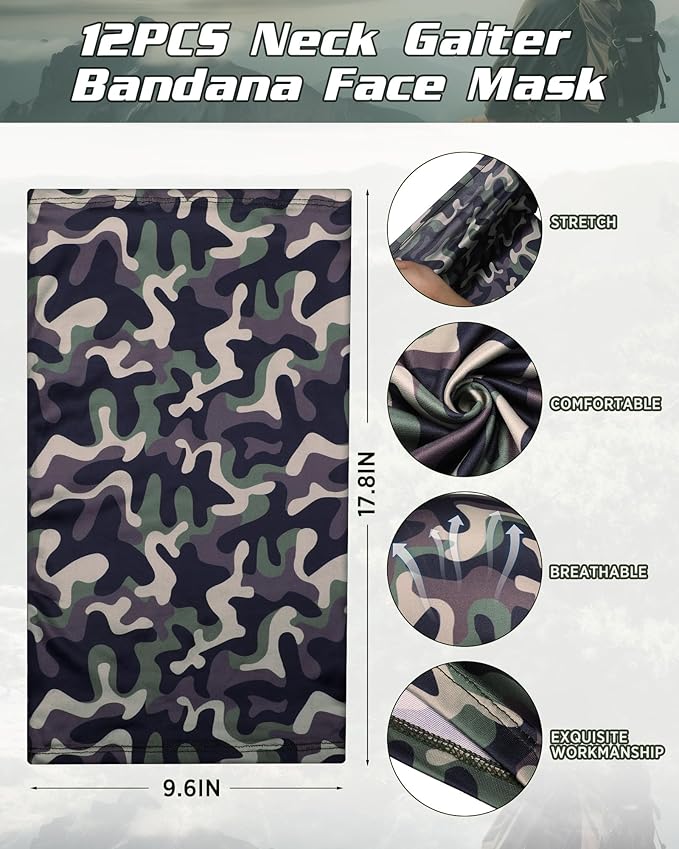 Cuffbow 12 Pack Neck Gaiters Face Mask Balaclava for Men Women Cooling Neck Gaiter Summer UV Protection Scarf