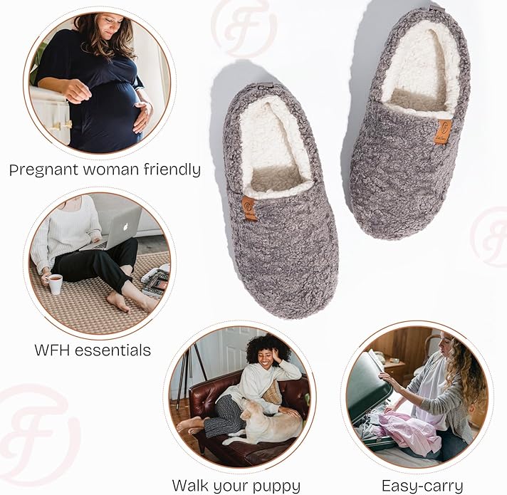 EverFoams Women’s Soft Curly Full Slippers Memory Foam Lightweight House Shoes Cozy Loafer with Polar Fleece Lining