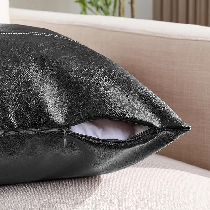 Fancy Homi Black Long Lumbar Faux Leather Decorative Throw Pillow Covers 12x24 Inch for Living Room Couch Bed Sofa, Boho Farmhouse Home Decor, Hand Stitched Rectangle Cushion Case 30x60 cm