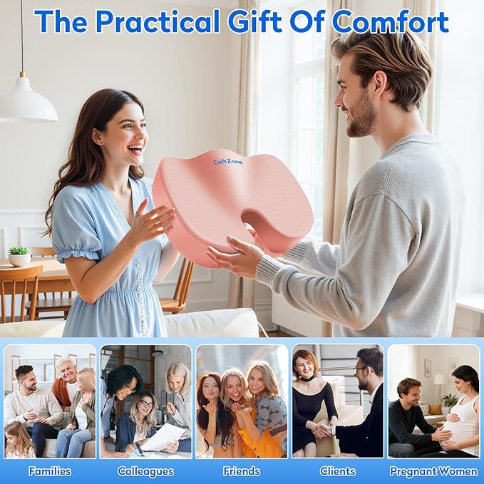 CushZone Seat Cushion, Office Chair Cushions, Car Seat Cushion, Non-Slip Sciatica & Back Coccyx Tailbone Pain Relief Chair Pad, Memory Foam (Pink)