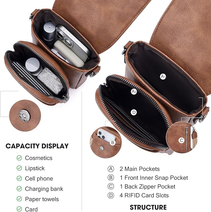 POIUGOYA Crossbody Bags for Women,Small Crossbody Purse with Triple Compartments,Cell Phone Wallet with Card Slots for Travel | Small