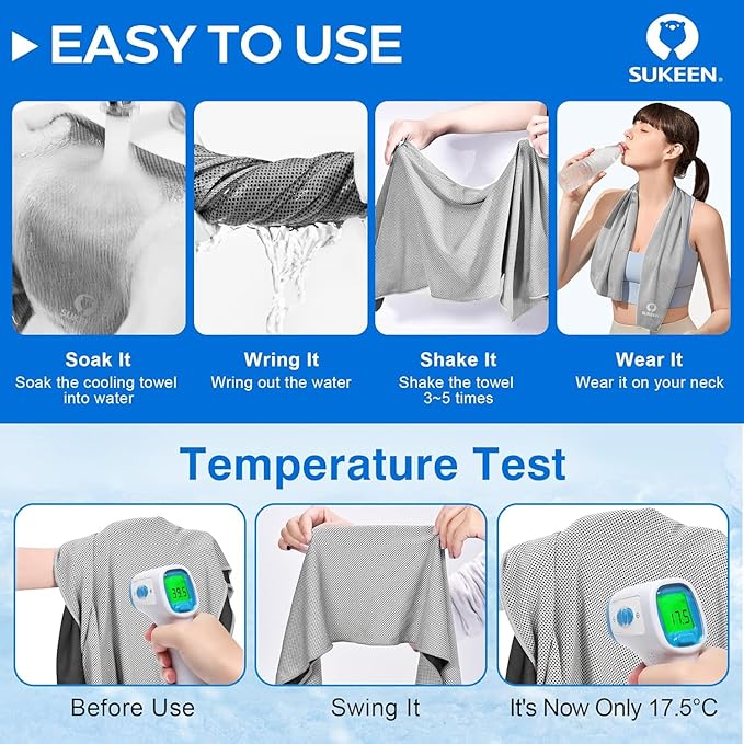 Sukeen Cooling Towels 10 Pack (40"x12"), Cooling Towels for Neck and Face, Ice Towel for Hot Weather, Gym Towel, Microfiber Sweat Towel for Gym, Yoga, Sports, Golf, Camping, Running, Fitness, Workout