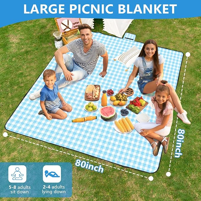 OBTANIM Extra Large Picnic Blanket 80 x 80 Inch Waterproof Foldable Beach Blankets Outdoor Picnic Mat for Camping Grass Lawn Park Music Festival Party Accessories (Blue and White)