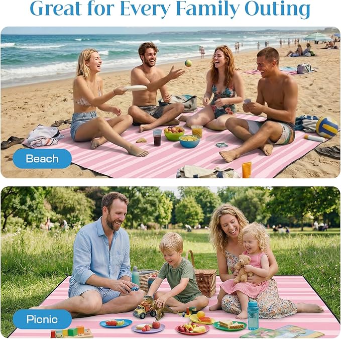 OIGAE Family Beach Blanket, 7×8 ft Sand-Free Picnic Mat for 1–4 People, Quick-Dry Lightweight Outdoor Blanket with Stakes & Corner Pockets, Pink Stripe