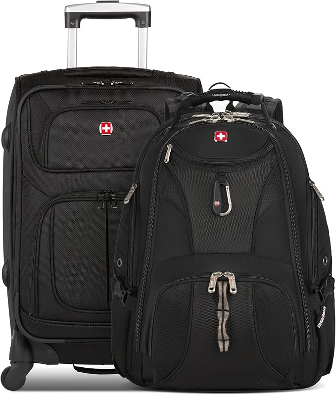 SWISSGEAR Sion 2-Piece Travel Set, Softside Expandable Carry-On Spinner Bundled with 1900 ScanSmart 17" Laptop Backpack with RFID Blocking & Tech Organization, Black