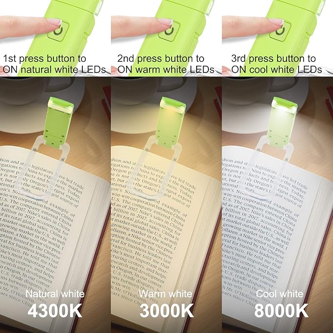 HONWELL Rechargeable Book Light, Clip On LED Reading Lights for Kids Reading in Bed, 3 Brightness Levels Dimmable Bookmark Light for Eye-Protection, Portable Reading Lamp for Bookworms, Travel(Green)