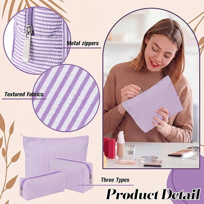 Huhumy 3 Pcs Makeup Bag Set Cute Stripe Cosmetic Pouch for Women Aesthetic Seersucker Travel Toiletry Bag Set Preppy Small Makeup Purse Pouch Cosmetic Organizer Pencil Case with Zipper(Purple)