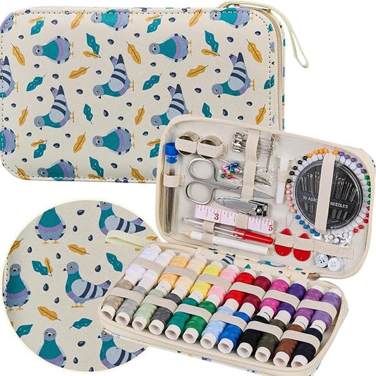 Pigeon Cartoon Sewing Kit with 130PCS Basic Sewing Supplies Accessories | Printing Professional Travel Sewing Kit for Adults,Emergency,Arts Craft & Beginners