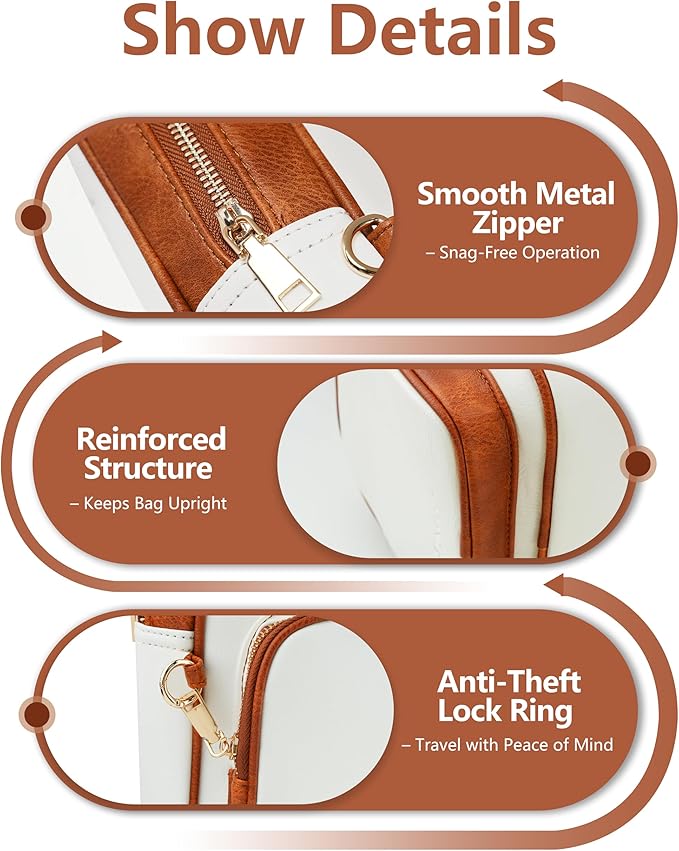 Anti Theft Crossbody Bags for Women,RFID Sling Bag Travel Purse,Vegan Leather Cross Body Purses Chest Bag for Travel(white＆Brown)