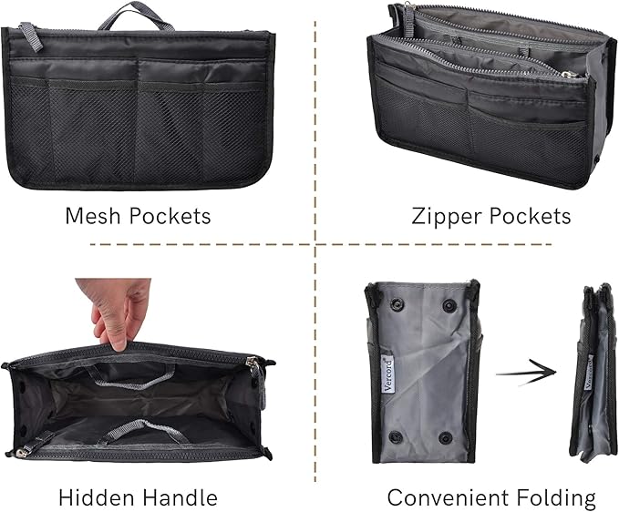 Vercord Purse Organizer Insert for Handbags Bag Organizers Inside Tote Pocketbook Women Nurse Nylon 13 Pockets Black Small