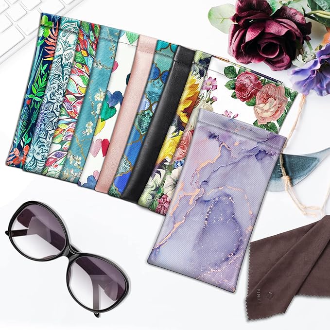 FINTIE Soft Eyeglasses Case with Cleaning Cloth, Portable Squeeze Top Vegan Leather Glasses Pouch, Sunglasses Eyewear Bag