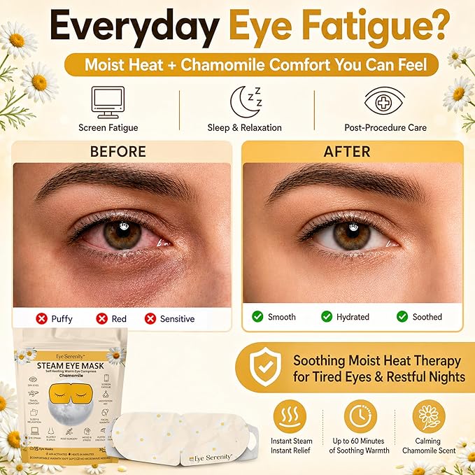 Eye Serenity Steam Eye Mask, Heated Eye Mask, Self Heating Warm Compress for Dry Eyes, Fast Relief for Stye, Puffy Sensitive Eyes, Moist Heat, Relaxation Gifts for Women and Men - Chamomile