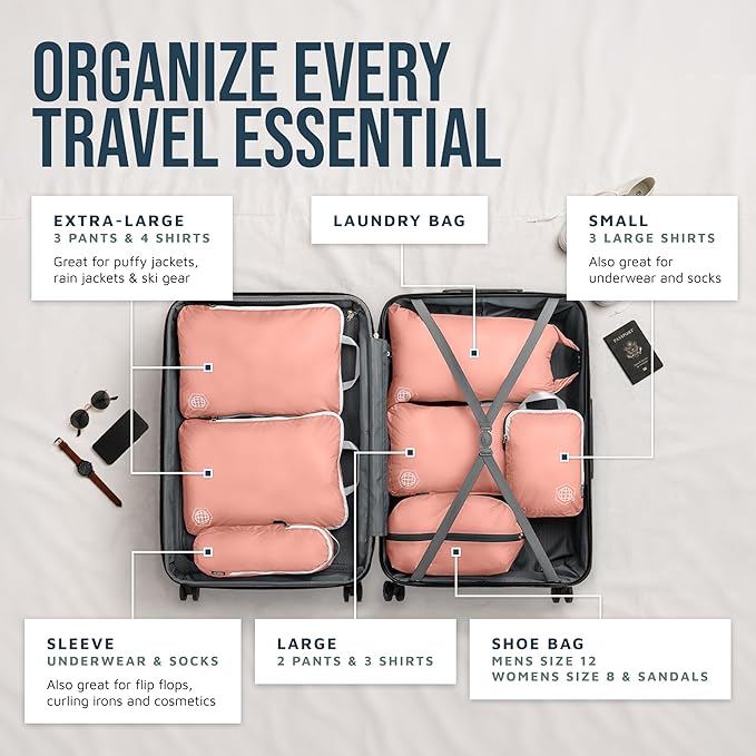 Large Compression Packing Cubes for Travel-Packing Cube Luggage Organizers 7 Piece Set for Checked Luggage-Ultralight, Expandable/Compression Bags by TRIPPED Travel Gear (Dusty Rose)