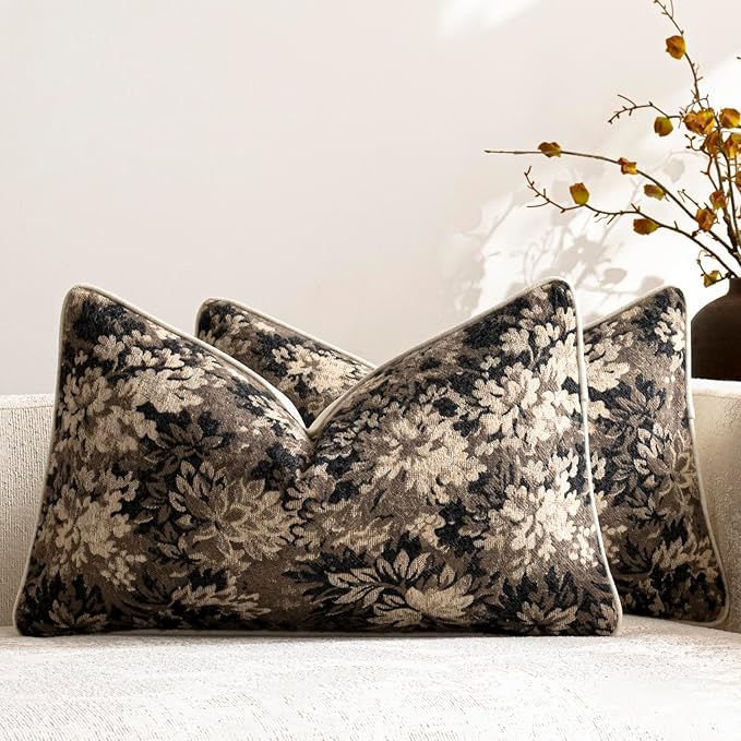 DEZENE Pack of 2 Vintage Floral Pillow Covers 12x20 Boho Farmhouse Accents Chenille Rectangular Lumbar Decorative Throw Pillow Cases for Living Room Couch Bed Home Decor, Taupe