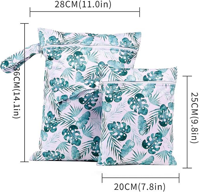 2 Pcs Wet Bags Waterproof Reusable Zippered Pocket Cloth Diaper Bag for Travel Beach Pool Swim, Baby Diapers,Gym Yoga Wet Clothes,Swimsuit,water wipes (Sea grass)
