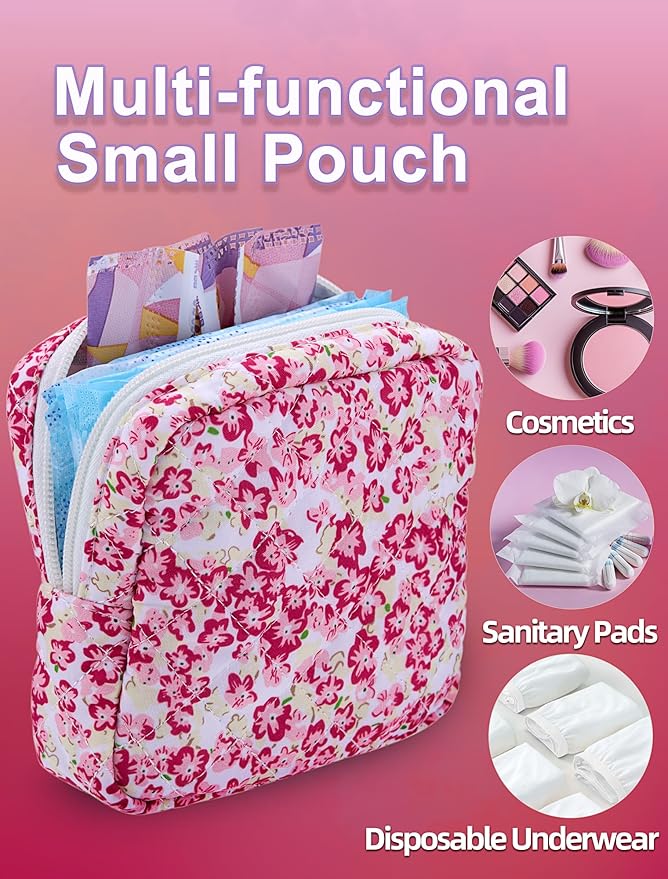 Period Bag for Girls, Quilted Period Pouch for Women, Floral Sanitary Napkin Storage Bag Menstrual Pad Pouches Tampon Holder for Purse Pad Bag Gifts for Teen Girls(Red)