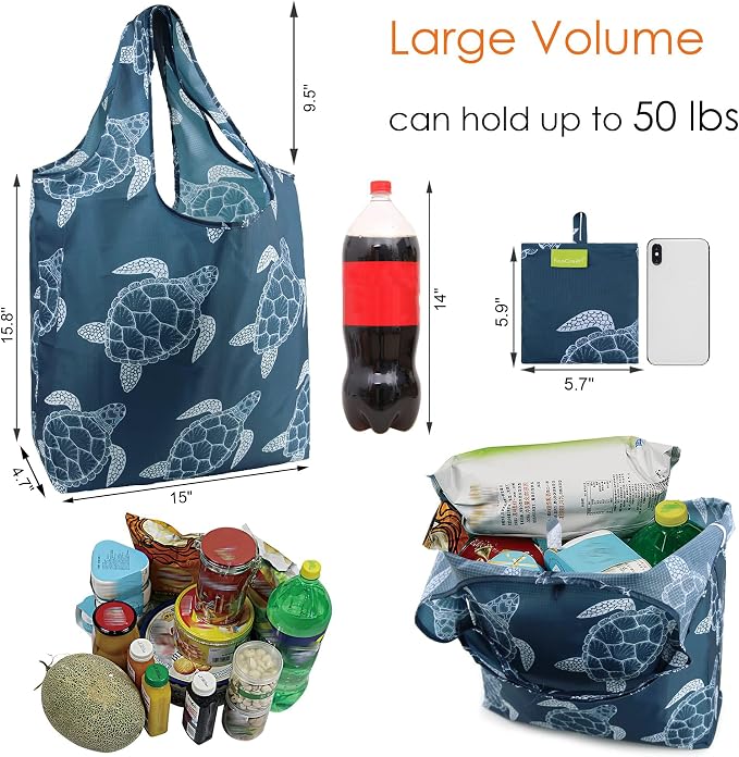 BeeGreen Sea Turtle Reusable Grocery Bags Large Tote Bag With Handles, Bulk Gift Foldable Shopping Bags for Women 6 Pack, Cute Cloth Bag, Heavy Duty, Washable For Beach, Holiday, Travel And Groceries