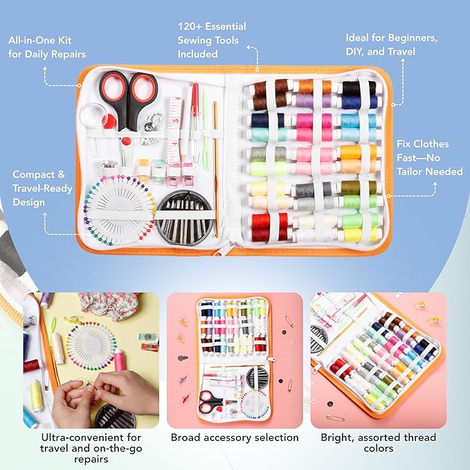 Incraftables Sewing Kit – 75+ Piece Travel & Crafting Set with Scissors, Colored Threads, Measuring Tape, Needles & More in a Zippered Nylon Case
