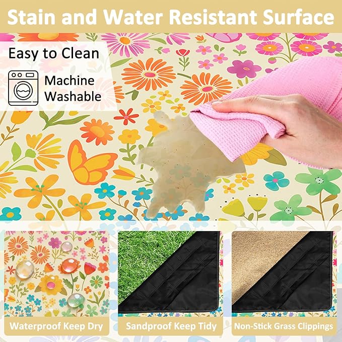 Floral Picnic Blankets Waterproof Foldable, 60″X80″ Packable Picnic Mat Flowers Outdoor Blanket for Grass, Large Beach Blanket Sandproof Picnic Accessories for Camping Music Festival Park Lawn Travel