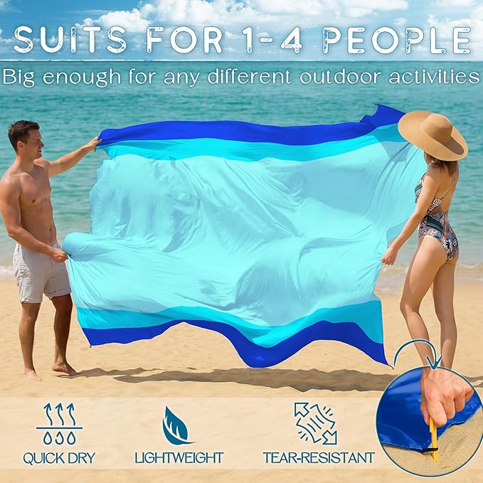 BYDOLL Beach Blanket Waterproof Sandproof Large Sand Free,78''X81''/10'X9' Oversized Sandless Lightweight Blanket Picnic Mat for Beach Travel Camping Hiking with Stakes