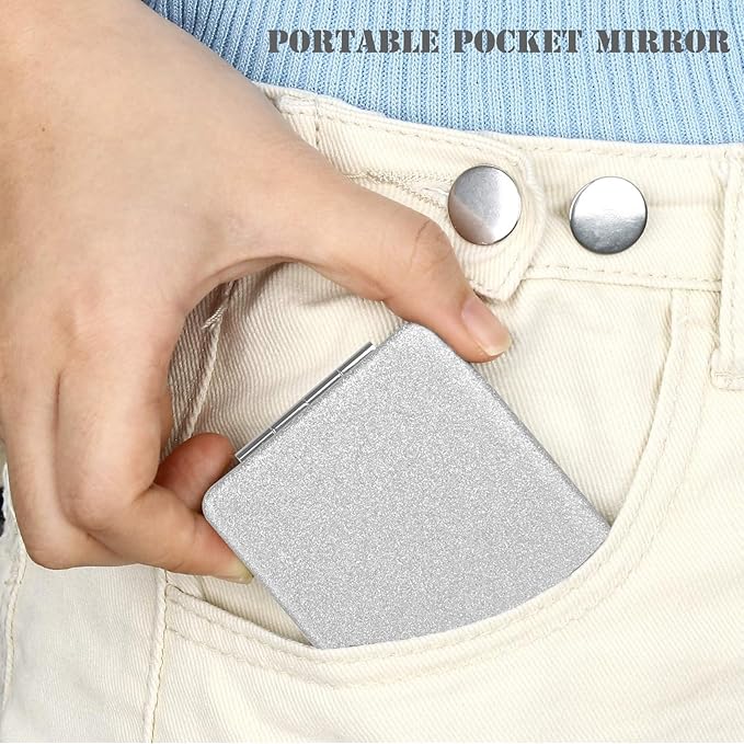 Nice Compact Travel Vanity Mirror for Girls Ladies Women Men, Elegant Silver 2-Sided Folding Makeup Mirrors for Pocket Handbag Purse Wallet Backpack, Portable Slim Magnifying Cosmetic Mirror