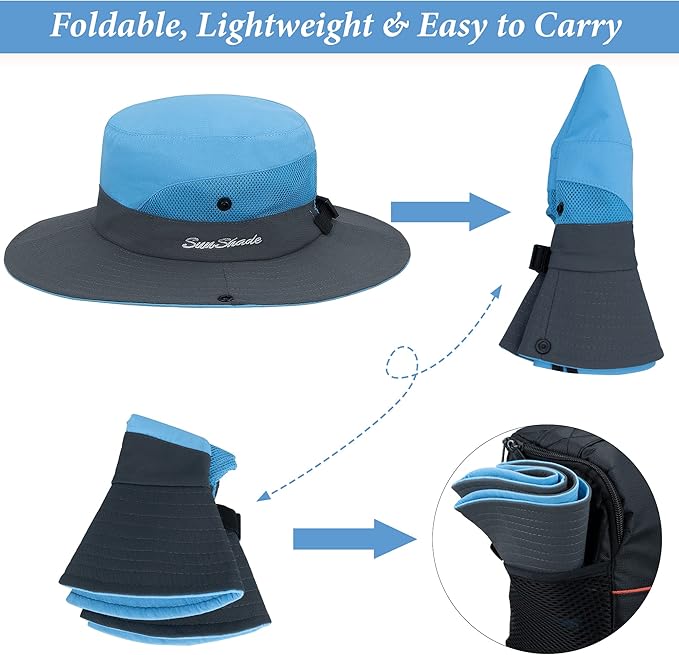 Sun Hat for Women Summer UV Protection Beach Hat Wide Brim Mesh Bucket Fishing Hat with Ponytail Hole Foldable Packable Hat