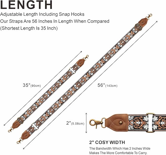 Nefelibata Purse Strap-2"Crazy Horse Leather Bag Strap Adjustable Replacement,Retro Jacquard Embroidery Crossbody Straps
