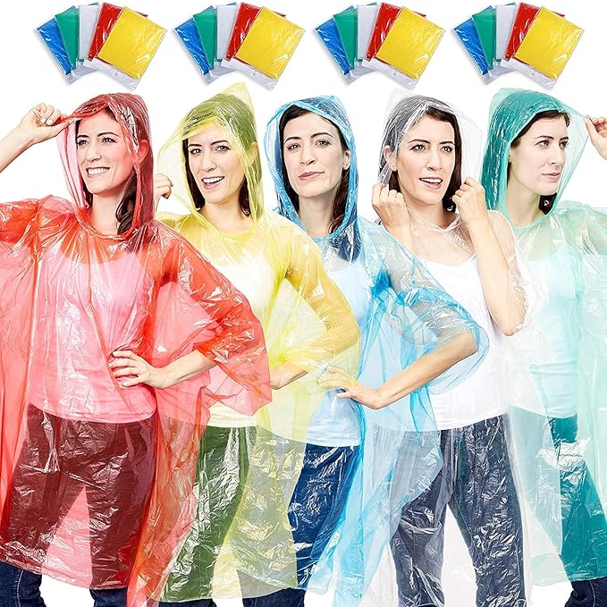 Juvale Rain Ponchos for Adults - One Size (50 x 39.4 In) Hooded Plastic - 5 Vibrant Colors - 20-Pack Disposable Ponchos Family Pack for Camping, Hiking & Travel
