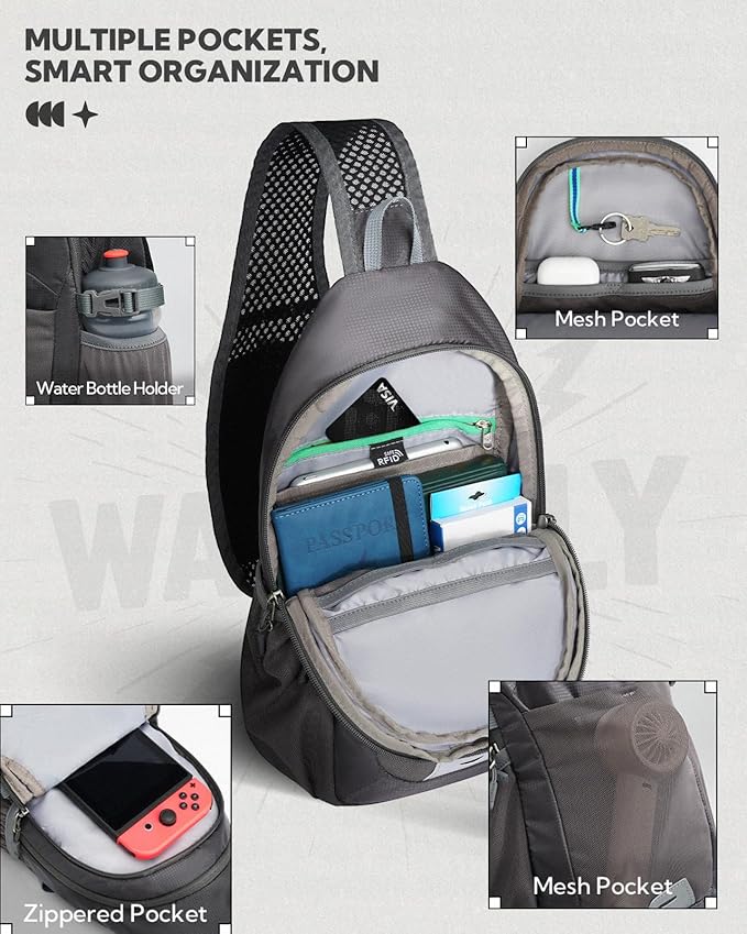 WATERFLY Packable Crossbody Sling Bag: Small Lightweight Travel RFID Blocking Sling Daypack with Water Bottle Holder - Shoulder Chest Bag Backpack for Women Men Hiking Traveling Theme Parks