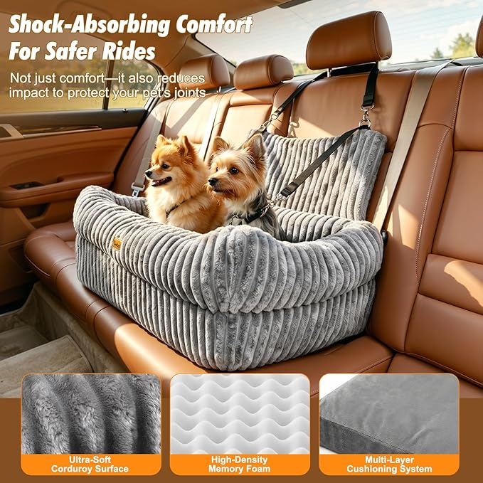 Pawaboo Dog Car Seat, Dog Booster Car Seats with Memory Foam, Thickened Cushion & Washable Removable Cover, Pet Travel Carseat Bed with Safety Leashes for Medium/Large Dogs or 2 Small Dogs, Gray