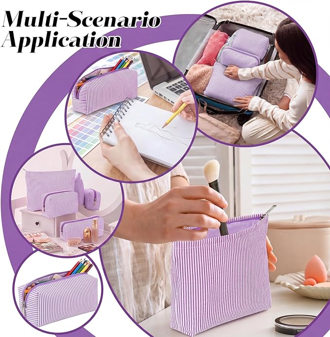 Huhumy 3 Pcs Makeup Bag Set Cute Stripe Cosmetic Pouch for Women Aesthetic Seersucker Travel Toiletry Bag Set Preppy Small Makeup Purse Pouch Cosmetic Organizer Pencil Case with Zipper(Purple)