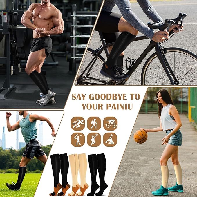 3 Pairs 15-19mmHg Zipper Compression Socks for Women and Man,Black Compression Socks with Zipper for Sports, Travel, Pregnant and office Workers