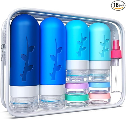 Tocelffe 18pack Travel Bottles for Toiletries,TSA Approved Silicone Travel Containers jar for Toiletries,Leak Proof Refillable Liqus Shampoo And Conditioner Essentials toiletry