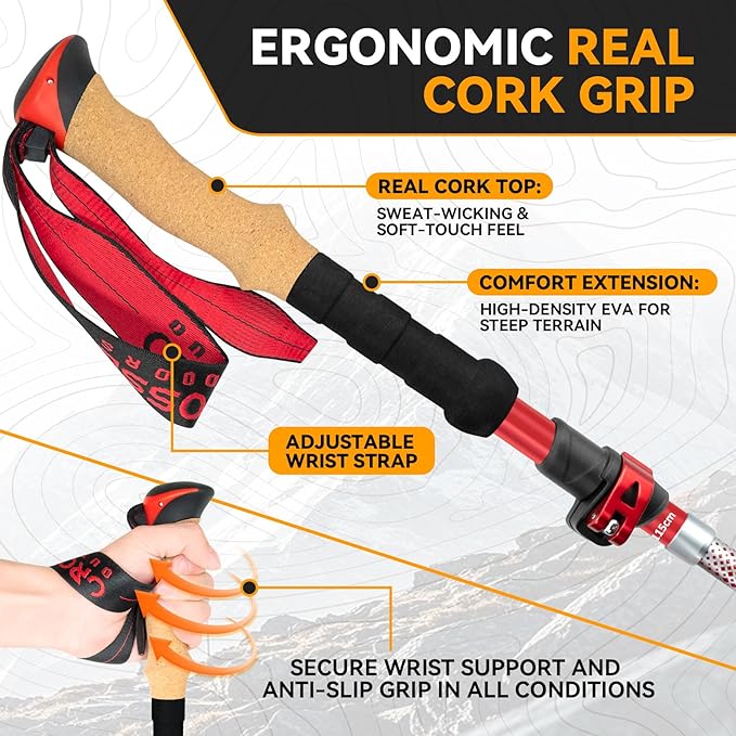 Collapsible Trekking Poles for Hiking - Lightweight Adjustable Aluminum Folding Hiking Poles, Cork Grip Walking Sticks for Seniors, Women & Men (2 Pack)