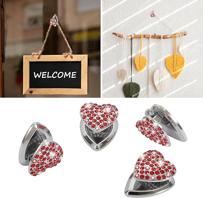 TOMALL Bling Car Hooks 4pcs Heart Shape Accessories Cute Dashboard Hook for Keys Charging Cable Multifunctional Hanging Storage Hook Universal Diamond Accessories for Car for Home DIY Decoration(Red)
