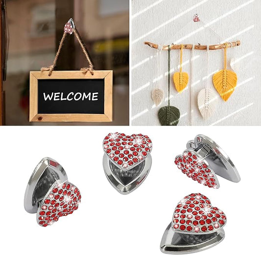 TOMALL Bling Car Hooks 4pcs Heart Shape Accessories Cute Dashboard Hook for Keys Charging Cable Multifunctional Hanging Storage Hook Universal Diamond Accessories for Car for Home DIY Decoration(Red)