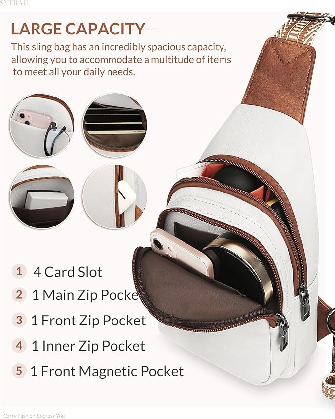 SYTRAH Sling Bag for Women, Crossbody Bags Purse for Women Trendy Vegan Leather Chest Bag with Adjustable Strap(No Anti Theft Ring),Beige Brown