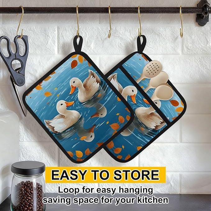Swimming Cartoon Duck Pot Holders with Pockets 2 PCS, Heat Resistant Oven Mitts Hot Pads for Kitchen Baking Cooking, Square Thick Pot Holders Kitchen Hot Potholders, 8.5x10 Inches