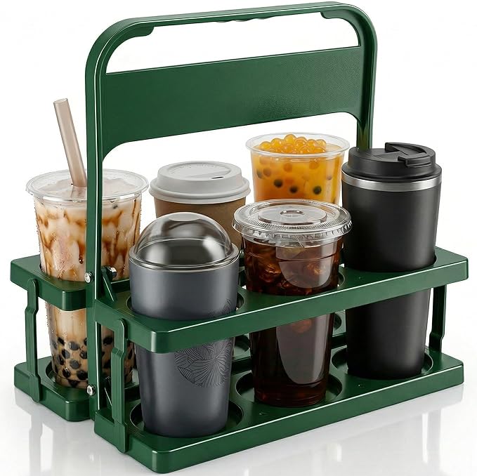 6 Cup Drink Carrier for Delivery - Foldable Drink Holder with Handle, Reusable Cup Carrier for Drinks, Portable Beverage Caddy Accessories for Parties, Camping, Car, Coffee & Bottles (Green)
