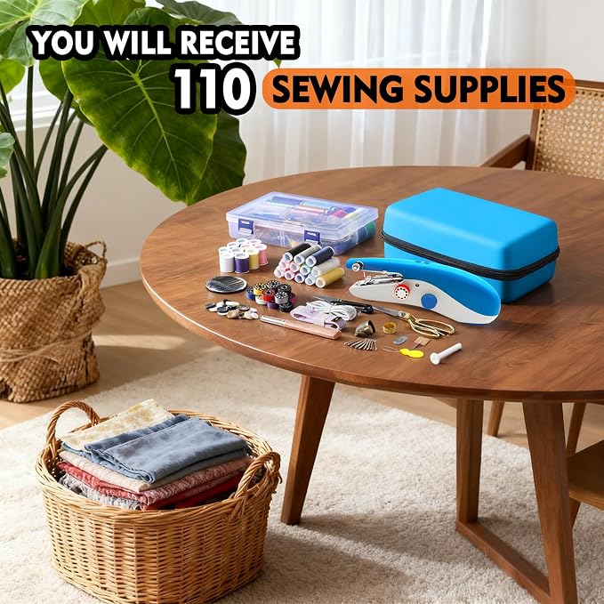 Portable Handheld Sewing Machine with 110 PCS Sewing Kit & Blue Leather Case, Dual-Speed, Built-in Work Light, Dual Power Supply. Perfect for Home & Travel, for Adults & Beginners, for Clothes & Jeans