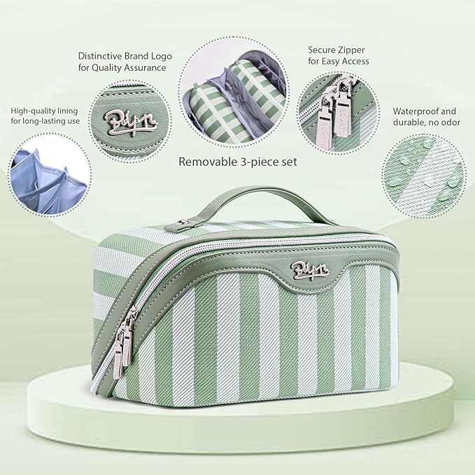 BOYATU Travel Makeup Bag Cosmetic Bag for Women: 3 Pcs Set Striped Make up Bag with Compartments - Waterproof Vegan Leather Toiletry Bag with Handle - Makeup Organizer for Travel Essentials(A-2-Green)