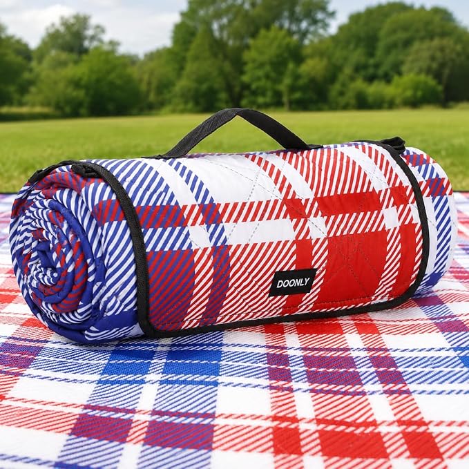 Doonly Picnic Blanket, 78" x 78" Large Waterproof Sandproof Beach Blanket, Foldable Outdoor Blanket Picnic Mat for Beach, Camping, Park, Grass, Lawn, Travel, Patriotic Red White and Blue