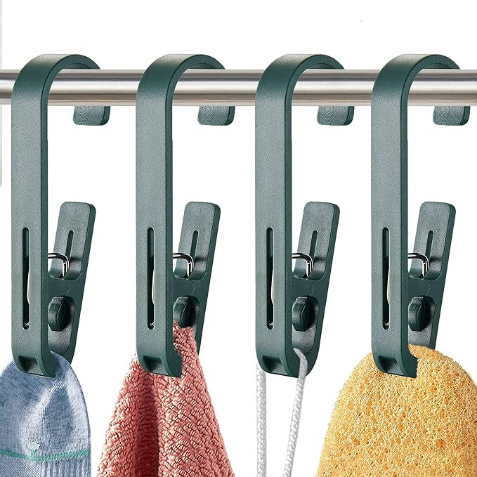 Laundry Hooks with Clips Hanger Closet Organizer Clamps Socks Boot Bras Towels for Bathroom Wardrobe Kitchen Office 4Pcs (Green)