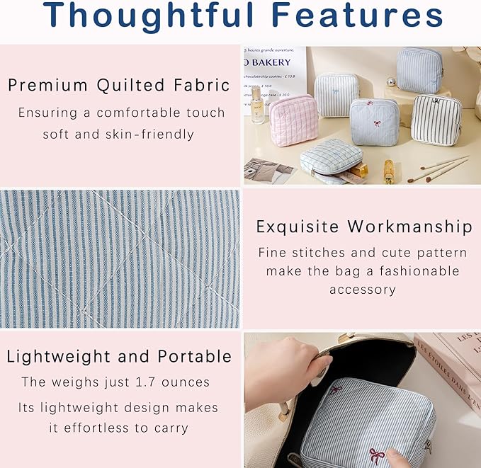 RSRSLEII Small Quilted Striped Cosmetic Pouch for Purse, Mini Cotton Makeup Bag with Compartments, Cute Zipper Lipstick Holder for Women (27 Thin Stripes)